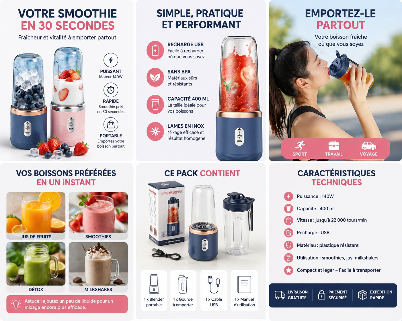 Blender Portable rechargeable avec gourde - Smoothie prêt en 30 secondes 🚚 Livraison offerte