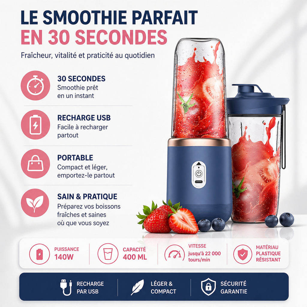 Blender Portable rechargeable avec gourde - Smoothie prêt en 30 secondes 🚚 Livraison offerte